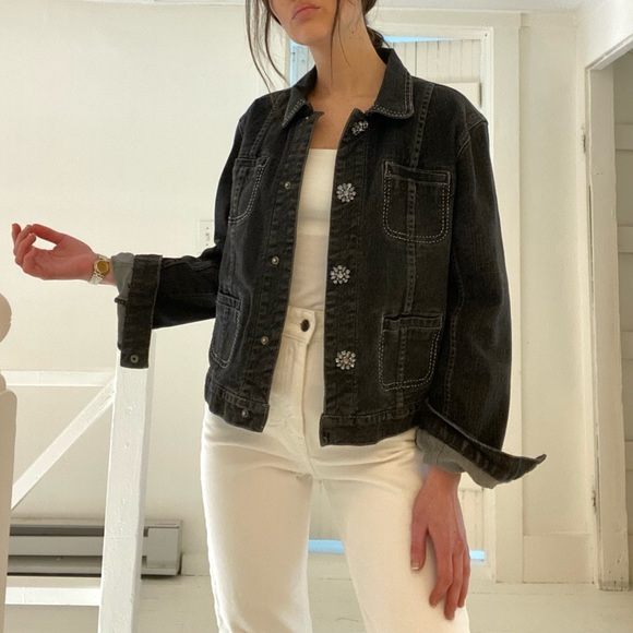 Chico’s Platinum Vintage Y2K Crystal Brooch Denim Jacket Size 1